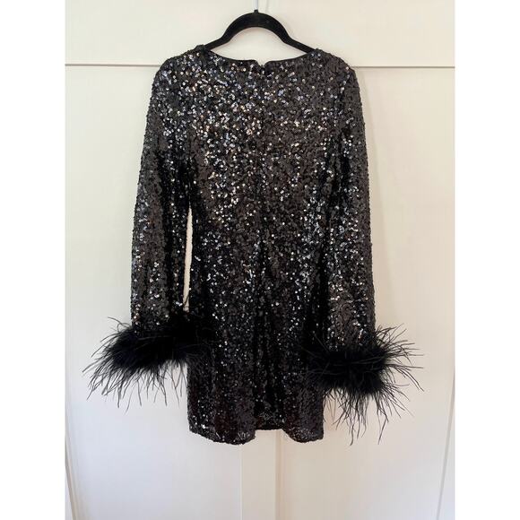 NEW Hutch Long Sleeve Mini Sequin Dress with Feather Cuffs Black Size XXS - Picture 3 of 6